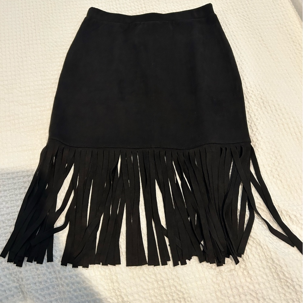 Aqua- Black Fringe Skirt -faux suede